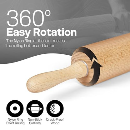 Wooden Rolling Pin 17.6 Inch with Rotating Ergonomic Handles – Classic Beech Wood Dough Roller for Baking Pizza, Pastry, Bread, and Cookies