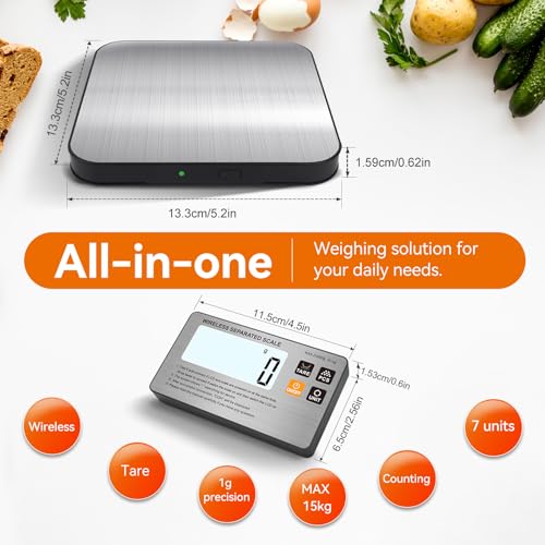 SHGMEET Food Scale- Wireless Separated, 33 lb Digital Kitchen Split Scales Weight Grams and Ounces for Baking Cooking and Meal Prep, LCD Display, 7 Units with Tare Function (Batteries Included)
