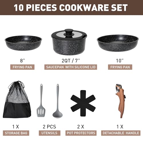 MAISON ARTS Detachable Handle Induction Pots and Pans Set, 10 Piece Non Stick Kitchen Cookware Sets, Stackable Black Granite RV Cooking Set for Camper