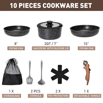 MAISON ARTS Detachable Handle Induction Pots and Pans Set, 10 Piece Non Stick Kitchen Cookware Sets, Stackable Black Granite RV Cooking Set for Camper