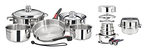 Magma 10 Piece Gourmet Nesting Stainless Steel Cookware Set, Induction Compatible, Oven Safe to 500°F - Suitable for All Stovetops, Removable Handles, Silver