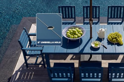 Patio Kingdom Perli™ 9-Piece Outdoor Dining Set, All-Weather HDPE Patio Furniture with 8 Ergonomic Chairs & Large Table, Built-in Umbrella Hole, UV-Resistant Set for Backyard, Deck, Poolside, Blue