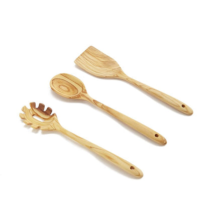 Olive Wood Cooking Utensils, 12 Inch Long Handle Wood Spoons, 3 PCES Crafting Wooden Spoon Set - Includes Turner, Spoon, Pasta Server, Essential Wooden Utensil Set