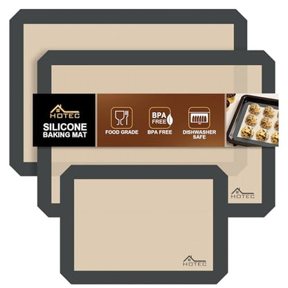 HOTEC Silicone Baking Mats 3 Pack – Non-Stick Reusable Silicone Baking Sheets for Oven – Cookie & Macaron Mats – 2 Half Sheet + 1 Quarter Sheet – BPA-Free, Dishwasher Safe