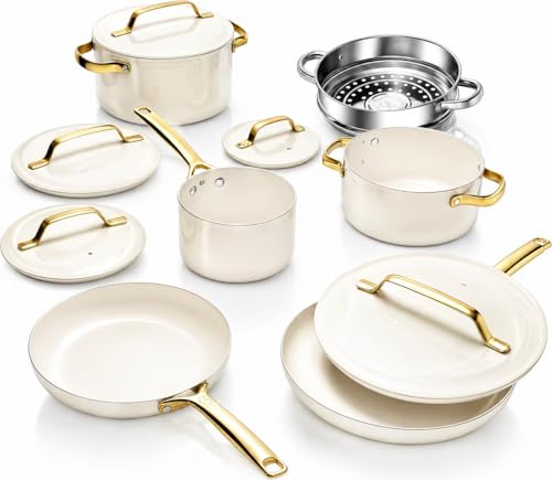 Gotham Steel Modern 11 Pc Ceramic Cookware Set, Elegantly Designed Pots and Pans Set Non Stick with Steamer, Induction Bottom, Premium Stay Cool Handles, Non Toxic PFOA Free, Oven & Dishwasher Safe