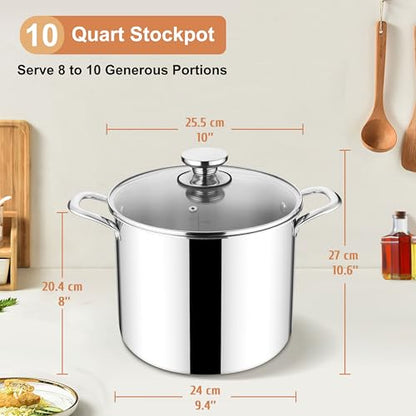 Herogo 10 Quart Stock Pot, 18/10 Stainless Steel Large Cooking Pot with Lid, 10 QT Metal Pasta Stockpot for Chicken Soup, Tri-ply Big Stockpot for Induction Gas Electric Stove, Dishwasher Safe