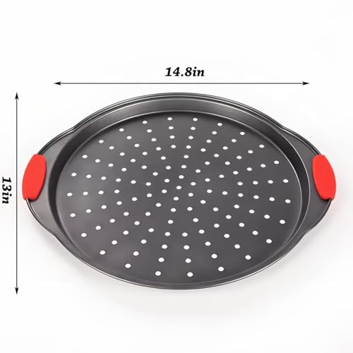 ZOEHROWS 13 Inch Pizza Pan for Oven (2 Pack) Round Pizza Pan with Holes - Non-Stick Carbon Steel Pizza Tray with Silicone Handles - for Cooking, Baking, and Grilling - Dishwasher Safe