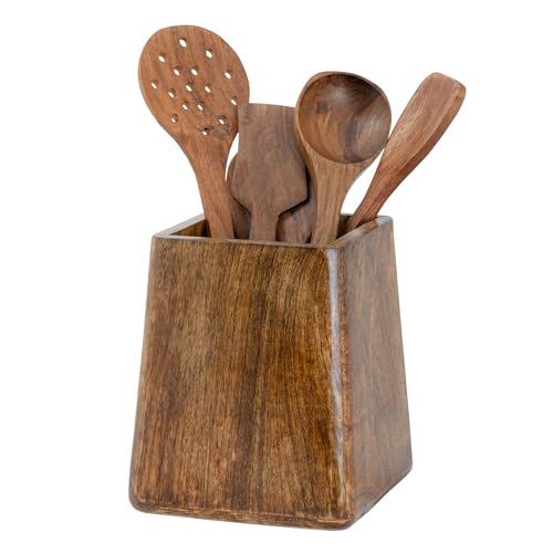 Mie Creations Rustic 7'' Large Utensil Holder Crock for Kitchen Countertop | Mother's Day Gift Utensils Crock, Wooden Square Taper Spatula Organizer Caddy for Party, Cooking Counter Decor- Dark Brown