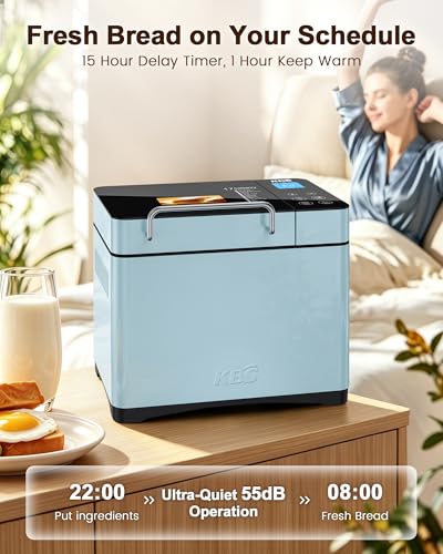 KBS Blue Bread Maker, 2LB Smart Bread Machine with Healthy Ceramic Pan, Touchscreen, Auto Nut Dispenser, 17 Automatic Programs, Gluten Free, Sourdough, Dough, Yogurt & Jam, 15H Timer, Stainless Steel