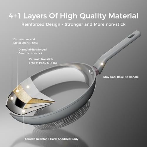 Sanho 10 Inch Frying Pan Nonstick, PFOS/PFOA/PTFE-Free Healthy Ceramic Coating, Induction Compatible Cookware for All Stovetops, Dishwasher Safe, Gray