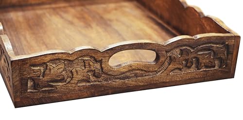 Hand Carved Wooden Serving Tray - Decorative Breakfast Tray with Handles - Rustic Wooden Food Tray with Intricate Detail - Unique Furnishing Accent - Natural Finish - 17 x 13 x 2.5 Inch - COTTON CRAFT