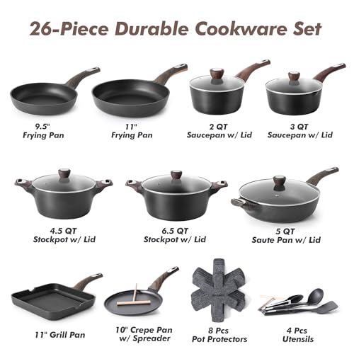 SENSARTE Pots and Pans Set Non stick, Non toxic Healthy Induction Cookware Sets, 26 Pcs Nonstick Kitchen Cooking Set, w/Frying Pans Set, Saucepans Set, Stockpots Set, PFOA PFOS Free, Black