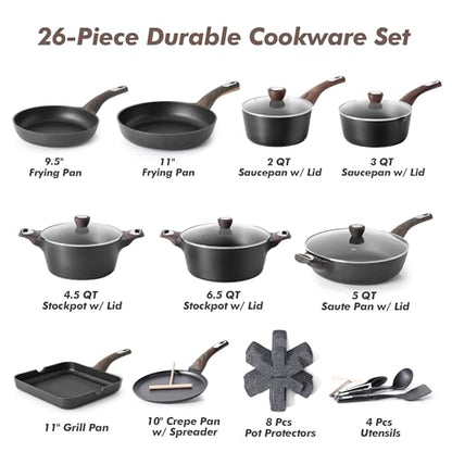 SENSARTE Pots and Pans Set Non stick, Non toxic Healthy Induction Cookware Sets, 26 Pcs Nonstick Kitchen Cooking Set, w/Frying Pans Set, Saucepans Set, Stockpots Set, PFOA PFOS Free, Black