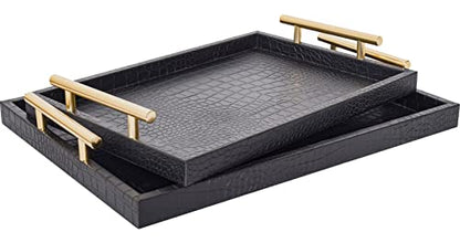 JUMBO HUMBLE Modern Elegant Large Wood Serving Tray, Set of 2 Black Crocodile Leather with Gold Polished Metal Handles, Home Decorative Rectangle Ottoman Decor Platter Living Room Bathroom Vanity Tray