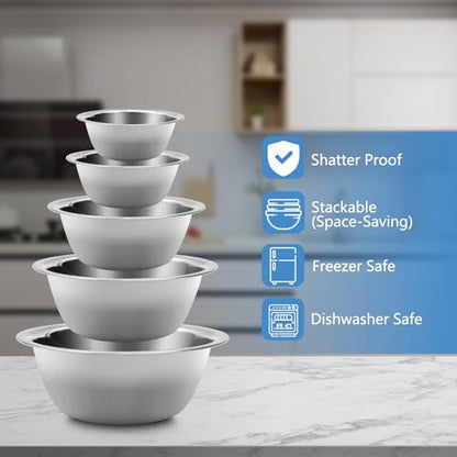 YGFRSTO Mixing Bowl Set of 5, Stainless Steel Mixing Bowls, Nesting Whisking Bowl Set for Cooking, Baking, Serving, Food/Salad Prep