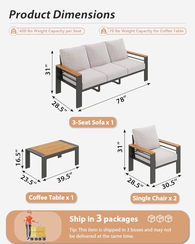 Aoxun Aluminum Outdoor Patio Furniture Set, 5 Seats Outdoor Sectional with Coffee Table, Patio Conversation Sets with Upgraded Armrests and Cushions for Backyard, Garden and Poolside（Grey）