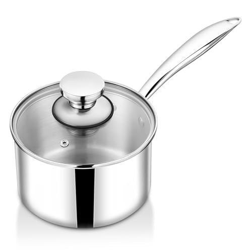 TeamFar 1qt Saucepan with Lid, Stainless Steel Tri-ply Small Cooking Pot Sauce Milk Pan with Ergonomic Handle, for Induction/Gas/Electric/Ceramic, Healthy & Heavy Duty, Dishwasher Safe
