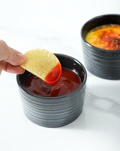 Hasense Ramekins 8 oz Oven Safe for Creme Brulee, Ceramic Souffle Dish Oven Safe Set of 6,Porcelain Dipping Sauce Bowls for Pudding, Creme Brulee, Souffle, Serving Dip, Custard, Ice Cream, Grey