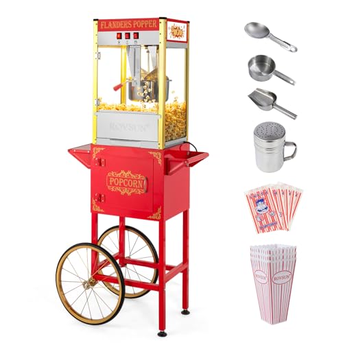 ROVSUN Popcorn Machine with Cart, 10 Oz Kettle Makes Up to 4 Gallons ETL Certified, Vintage Popcorn Maker w/Scoop, Oil Spoon, Bags & 3 Popcorn Cups, Movie Theater Style Popper for Commercial Home, Red