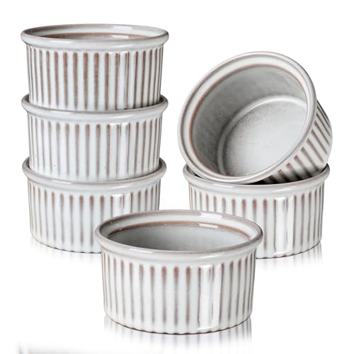 NUTRIUPS 6oz Ceramic Ramekins Set of 6, Vintage Souffle Dishes - Oven Safe Small Baking Bowls for Pudding, Creme Brulee & Custard (Vintage Gray, 6 OZ)
