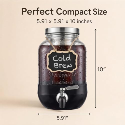 Cold Brew Coffee Maker With, Cold Brew Pitcher,1 Gallon Glass Pitcher With Stainless Steel Filter,304 Stainless Steel Leak-Proof Spigot,100% Leakproof,Large Iced Coffee Maker for Home, Easy to Use
