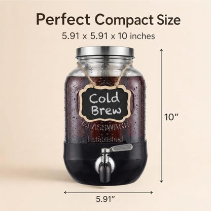 Cold Brew Coffee Maker With, Cold Brew Pitcher,1 Gallon Glass Pitcher With Stainless Steel Filter,304 Stainless Steel Leak-Proof Spigot,100% Leakproof,Large Iced Coffee Maker for Home, Easy to Use