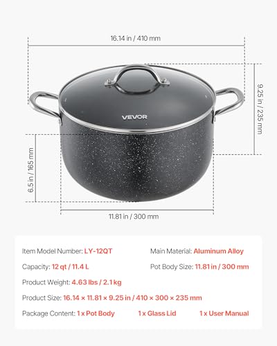 VEVOR Aluminum Stock Pot, 12-Quart Nonstick Ceramic Coated Pot with Glass Lid, PFOA-Free, PFAS-Free, Compatible with Gas Stoves, Induction Cooktops, Electric Stoves, for Soups, Stews, and Pasta