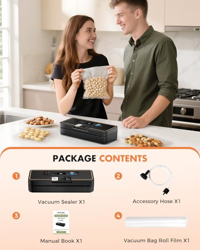 UPRUBE Vacuum Sealer for Food, 95kPa Food Saver Machine, 135W Fast-Sealing with Easy Tear Cutter, Built-in Bag Storage, 9-in-1 Compact with 10 ft Bag Roll