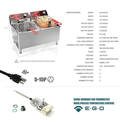 EGGKITPO Deep fryers Commercial Deep Fryer 12L x 2 Large Dual Tank Electric Countertop Fryer for Restaurant with 2 Frying Baskets and Lids, 1800W x 2, 120V