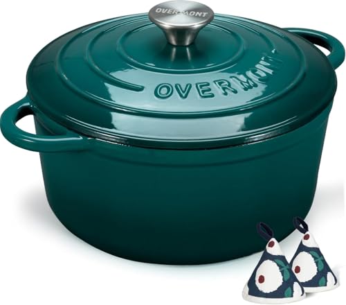 Overmont Enameled Cast Iron Dutch Oven - 5.5QT Pot with Lid Cookbook & Cotton Potholders - Heavy-Duty Cookware for Braising, Stews, Roasting, Sourdough Baking bottle green