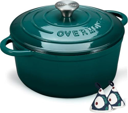 Overmont Enameled Cast Iron Dutch Oven - 5.5QT Pot with Lid Cookbook & Cotton Potholders - Heavy-Duty Cookware for Braising, Stews, Roasting, Sourdough Baking bottle green