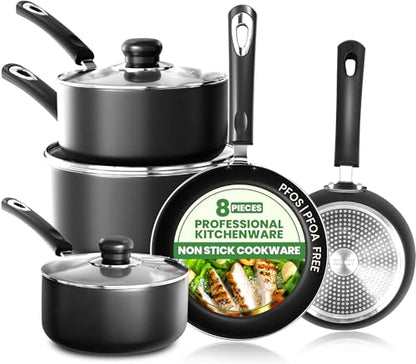 KICHLY 8 Piece Pots and Pans Set, Non Stick Kitchen Cookware Set with 20cm & 28cm Frying Pans and 16cm, 18cm, 20cm Saucepans with Lids, Induction Compatible Pots and Pans Set Non Stick, Black
