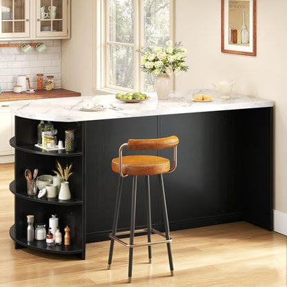 HSH 63” Large Kitchen Island with Seating, White Faux Marble Island Table with 2 Storage Drawers, Cabinets, 3 Open Shelves, Modern Counter Height Stationary Island Prep Table for Kitchen Dining Room