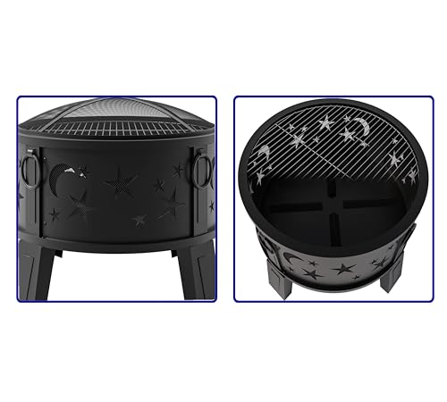 Kingson 26" Outdoor Fire Pit with Grill & Mesh Cover, Wood Burning Steel Firepit with Poker & Star Spark Screen, Heavy Duty Patio Fire Bowl for Backyard, Camping & Garden