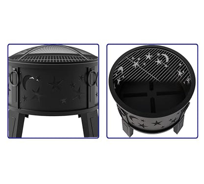 Kingson 26" Outdoor Fire Pit with Grill & Mesh Cover, Wood Burning Steel Firepit with Poker & Star Spark Screen, Heavy Duty Patio Fire Bowl for Backyard, Camping & Garden