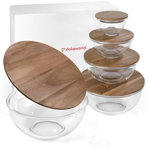 dokaworld Set of 5 Nesting Glass Bowls with New Updated Acacia Lids for Foodprep, Storage, Mixing & Cooking - Microwave & Oven-ready BPA Free Durable Heat Resistant Inert Borosilicate Glass