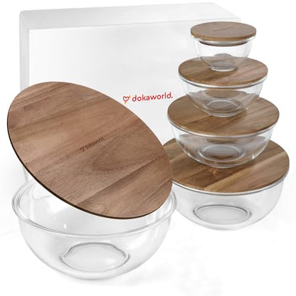 dokaworld Set of 5 Nesting Glass Bowls with New Updated Acacia Lids for Foodprep, Storage, Mixing & Cooking - Microwave & Oven-ready BPA Free Durable Heat Resistant Inert Borosilicate Glass