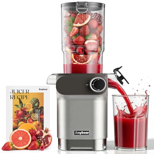 Anybear Cold Press Juicer 200W Masticating Slow Juicer 4.3" Large Feed Chute Fit Whole Fruits Vegetables | Upgraded Auger | Tritan Material | BPA Free | Juice Recipes (Silver Gray)
