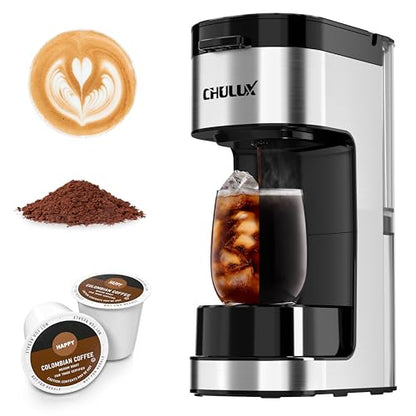 CHULUX SoloBrew Single Serve Coffee Maker, for K Cup and Ground, 3 Brew Sizes with Strong Button & Over Ice Feature, 14oz Removable Reservoir, for Home, Travel, RV, Office and Dorm