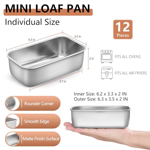 LIANYU 12 Pack Mini Loaf Pan for Baking Bread, 6.3 x 3.5 Inch Stainless Steel Small Bread Loaf Pan for Homemade Meatloaf, Tin Loaf Baking Pan Perfect for Banana Sourdough Sandwich, Dishwasher Safe