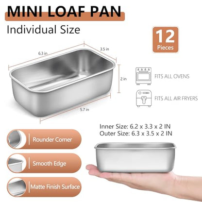 LIANYU 12 Pack Mini Loaf Pan for Baking Bread, 6.3 x 3.5 Inch Stainless Steel Small Bread Loaf Pan for Homemade Meatloaf, Tin Loaf Baking Pan Perfect for Banana Sourdough Sandwich, Dishwasher Safe