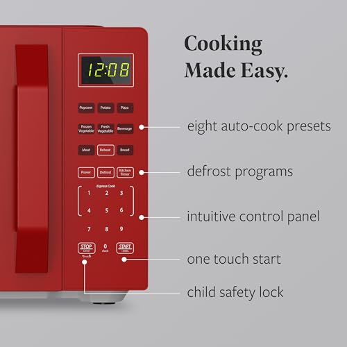 Farberware Countertop Microwave Oven, 700W, 0.7 Cu. Ft. Capacity, Compact Design with Turntable, Digital Display & Auto-Cook Functions, Red