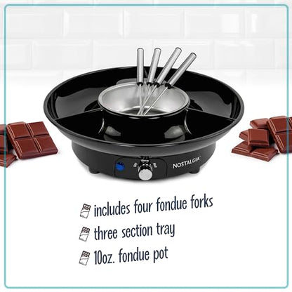 Nostalgia Electric Fondue Party Set – 10 oz Melting Pot, 4 Roasting Forks, & Detachable Serving Tray – Melted Cheese, Chocolate, or Dessert – Perfect for Gifts, Parties, Date Night – Black