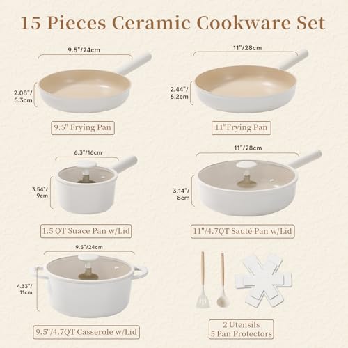 JEETEE Ceramic Cookware Set, 15 PCS Pots and Pans Set Non Stick with Removable Handles, Non Toxic Induction Kitchen Cookware Sets, Oven Safe PFAS/PFOA Free Cream