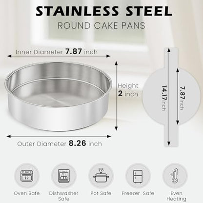tutikuki 8 Inch Cake Pan - 3PCS Stainless Steel Round Layer Cake Baking Pans with 100 PCS Parchment Paper, Round Bakeware for Party Birthday Wedding, Mirror Finish & Dishwasher Safe