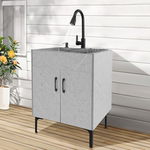 Freestanding Utility Sink, 30.71In Laundry Sink with Cabinet Indoor & Outdoor Utility Tub Pull-out Faucet&Gravity Ball&Drain Basket Heavy Duty for Laundry Garage Outdoor Kitchen Garden (Grey)