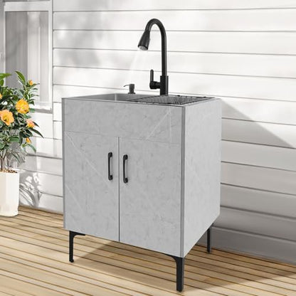 Freestanding Utility Sink, 30.71In Laundry Sink with Cabinet Indoor & Outdoor Utility Tub Pull-out Faucet&Gravity Ball&Drain Basket Heavy Duty for Laundry Garage Outdoor Kitchen Garden (Grey)