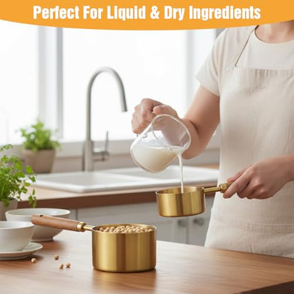 PercyEffie 8 Pcs Gold Measuring Cups and Spoons Set, Stainless Steel Measuring Cups with Wood Handles, 4 Stackable Wooden Measuring Cups and 4 Measuring Spoons Set for Kitchen Cooking and Baking