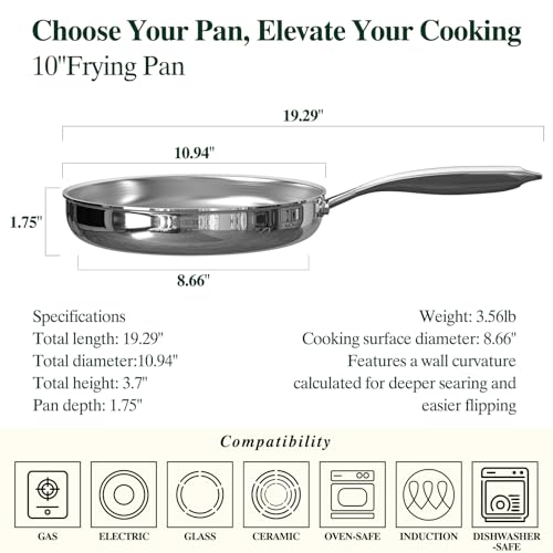 Umite Chef 10 Inch Stainless Steel Frying Pan, Non-Toxic 5 Ply Stainless Clad, Professional Skillet Cookware, Dishwasher Safe Kitchen Pan, Compatible with Induction, Oven Safe Saucepan,PFOA&PTFE Free