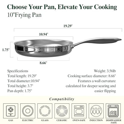 Umite Chef 10 Inch Stainless Steel Frying Pan, Non-Toxic 5 Ply Stainless Clad, Professional Skillet Cookware, Dishwasher Safe Kitchen Pan, Compatible with Induction, Oven Safe Saucepan,PFOA&PTFE Free